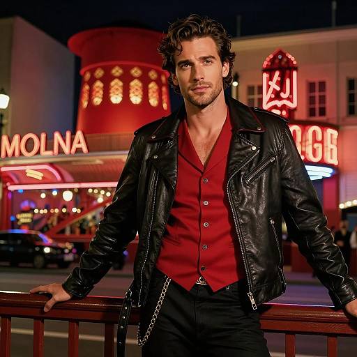 Stylish Man in Moulin Rouge Inspired Outfit at Night