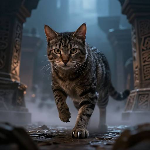 Digital art of a fierce, striped tabby cat with glowing eyes, running through a foggy, ancient stone corridor with ornate pillars.