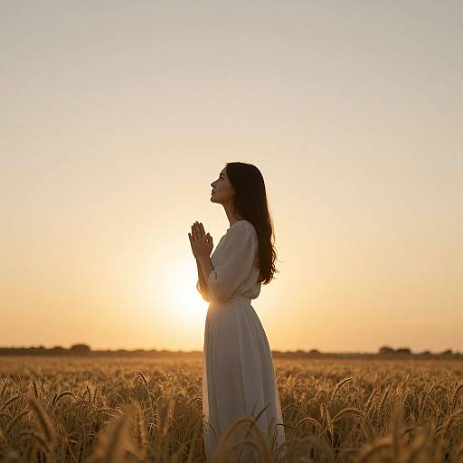 Photograph of a woman with long dark hair in a white dress, praying in a golden wheat field at sunset.