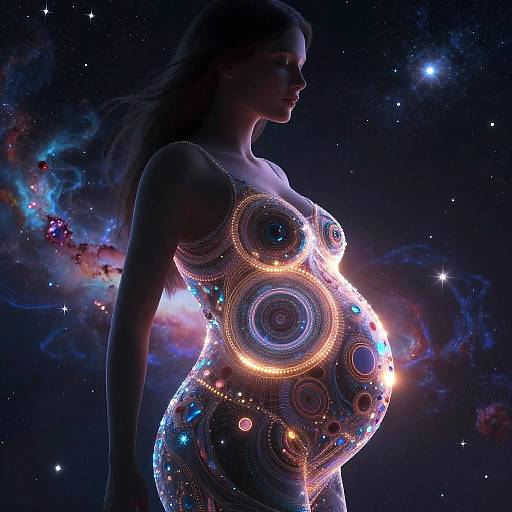 Silhouetted pregnant woman in glowing, circular-patterned, neon bodysuit against a cosmic background with stars and nebulae. Digital art
