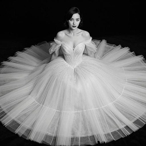 Photograph of a pale-skinned woman with dark hair in an off-shoulder, sparkling white ball gown with a wide, elaborate tulle skirt