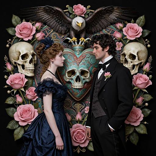 Gothic-themed photograph of a couple in Victorian attire, facing each other, surrounded by roses, skulls, a painted heart mask, and an eagle