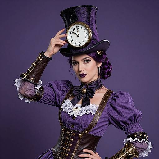 Steampunk-style photograph of a pale woman with purple hair, wearing a top hat with a clock, purple lace dress, and corset, against