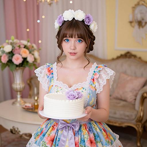 Photograph of a young woman with blue eyes, brown hair in a flower crown, wearing a colorful floral dress, holding a white cake in an elegant