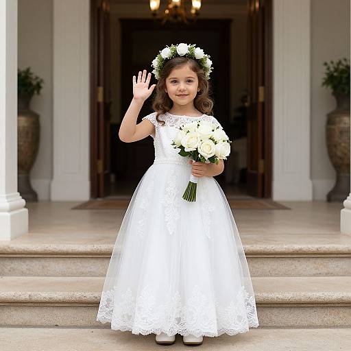 Photograph of a young Latina girl with curly brown hair, wearing a white lace dress and flower crown, waving while holding a white bouquet, standing on