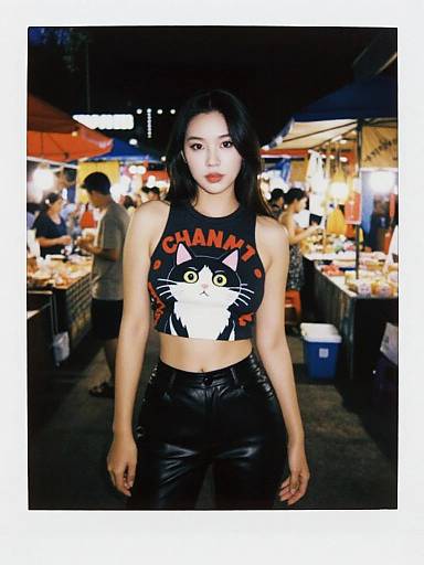 Photograph of an Asian woman with long black hair, wearing a black crop top with white cat and 