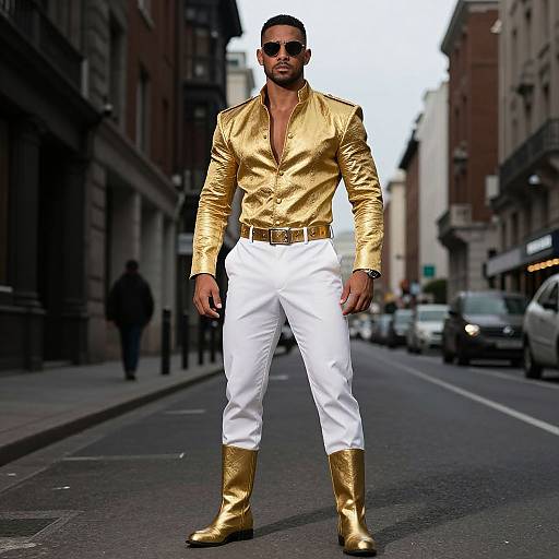Photograph of a muscular man with dark skin, short black hair, and sunglasses, wearing a shiny gold shirt, white pants, and gold boots,