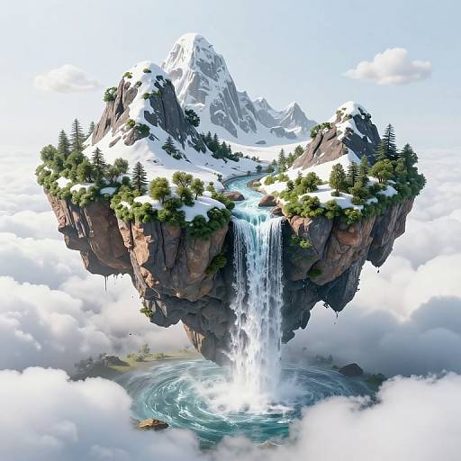 Digital artwork of a floating, rocky island with a waterfall, snow-covered peak, pine trees, and clouds beneath, surrounded by a blue, swirling pool