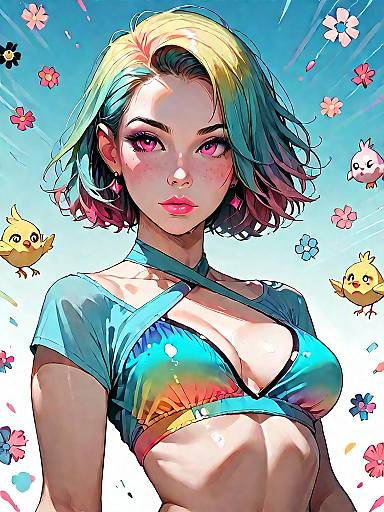 Anime Girl in Color Block Bikini