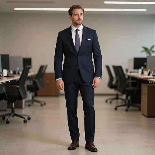 Photograph of a handsome, bearded man in a navy suit, white shirt, and dark tie standing in a modern, empty office.