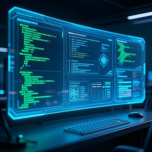 Photograph of a glowing blue-lit computer screen displaying code in green and white text, with a sleek, modern keyboard in front. High-tech,