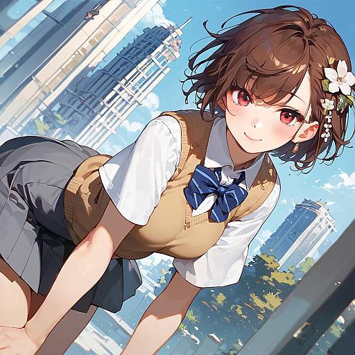 Anime-style digital drawing of a cute, brown-haired girl with red eyes, wearing a school uniform, leaning forward against a cityscape background.