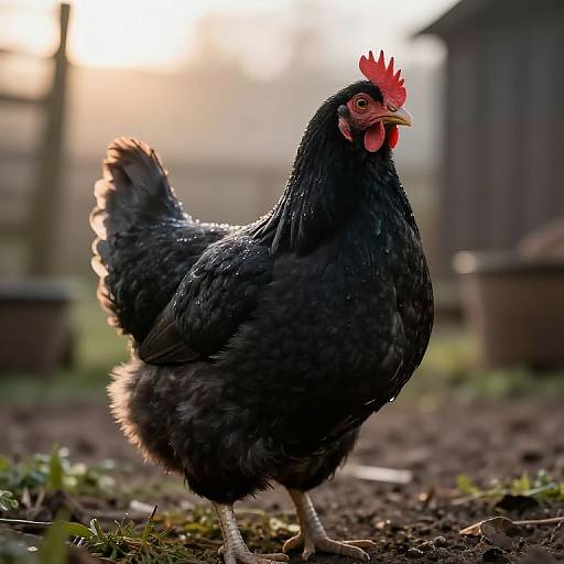 Photograph of a black chicken with a red comb and wattle, standing on dirt in a sunlit, blurred farmyard background.