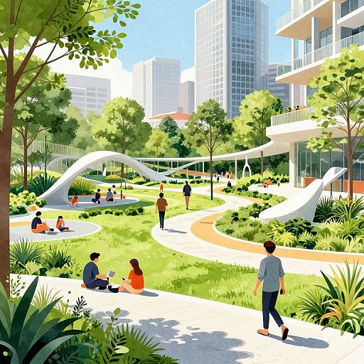 Digital illustration of a sunny urban park with diverse people sitting, walking, and relaxing on curved white pathways surrounded by greenery and modern buildings.