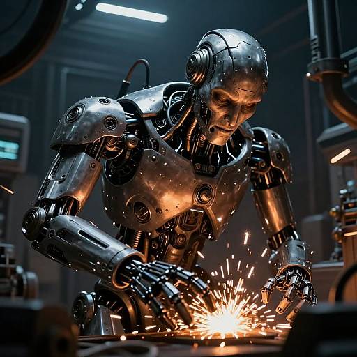 Photorealistic CGI of a silver robotic figure with human-like features, welding sparks flying from its hands in a dark, industrial workshop.