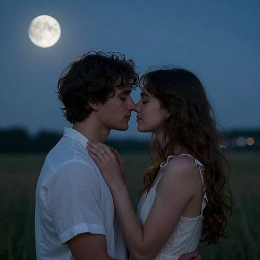 Photograph of a curly-haired man and a long-haired woman kissing under a full moon in a dark blue evening sky.