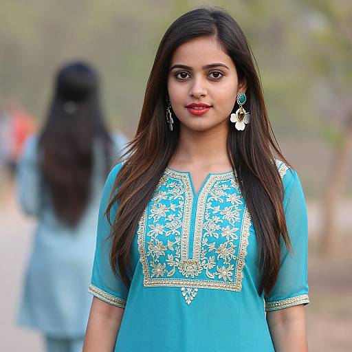 Photograph of a young Indian woman with long dark hair, wearing a turquoise embroidered kurta, red lipstick, and white floral earrings, standing outdoors with