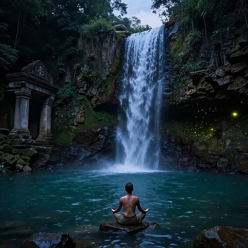 Photograph of a shirtless man meditating in a turquoise pool beneath a cascading waterfall, surrounded by lush greenery and ancient stone pillars.