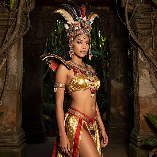 Photograph of a beautiful Asian woman in ornate, golden Mayan-inspired headdress and attire, standing in a dimly lit, jungle ruin.