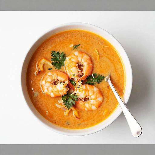 Top-down photo of creamy orange soup with three shrimp, garnished with parsley, and a white spoon on a white plate.