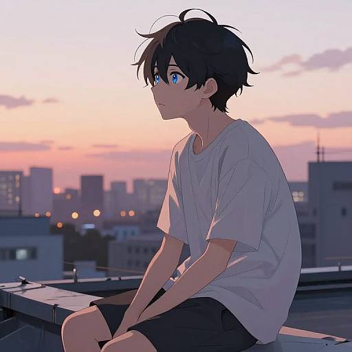 Anime-style digital illustration of a young man with blue eyes, black hair, and a white t-shirt, sitting on a rooftop at sunset, with a