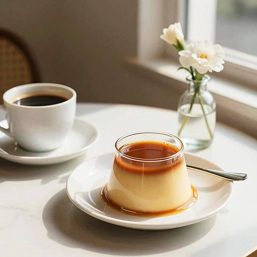 Elegant Cafe Scene with Purin Pudding
