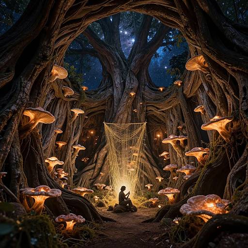 Enchanted forest scene with glowing mushrooms, silhouetted figure weaving in front of a lantern, giant twisted trees, and a starry night