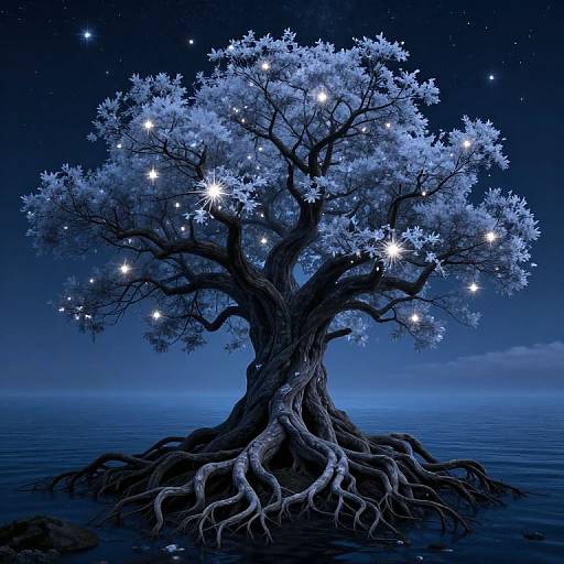 Digital artwork of a glowing, starlit tree with snow-like leaves, rooted in dark, tangled roots, set against a night sky and calm ocean.