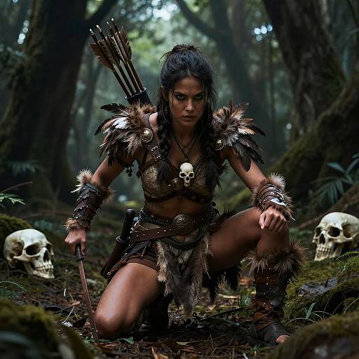 Photorealistic digital artwork of a fierce, dark-haired warrior woman in tribal attire, crouching in a forest, with skulls and arrows around her