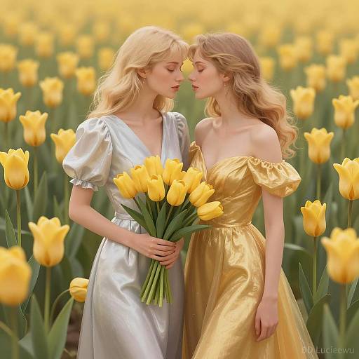 Two Women in Yellow Tulip Field
