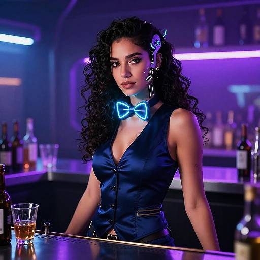 Cyberpunk Argentinian Bartender in Neon Bar