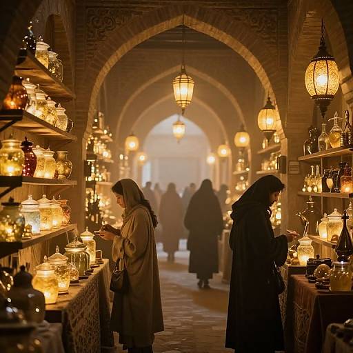 Photograph of a warmly lit, arched bazaar with two women in headscarves browsing candle-lit shelves of glassware and jars.