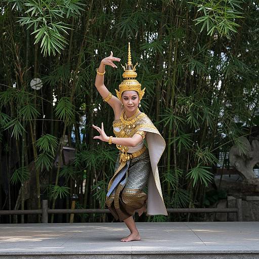 Photograph of a Thai dancer in elaborate golden and black costume, standing on one leg with arms raised, amidst lush bamboo foliage.