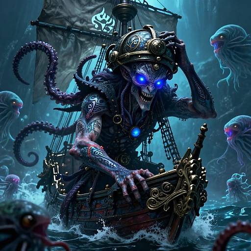 Digital artwork of a monstrous, tentacled pirate with glowing blue eyes, playing a ship's wheel in a dark, stormy sea surrounded by jelly