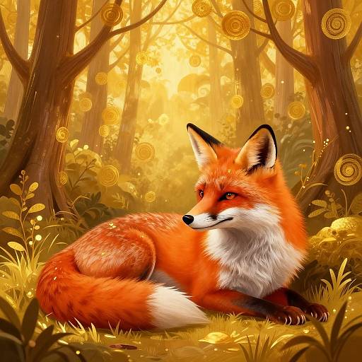 Digital artwork of a vibrant orange fox with white and black fur, lying in a sunlit, golden forest with swirling patterns.