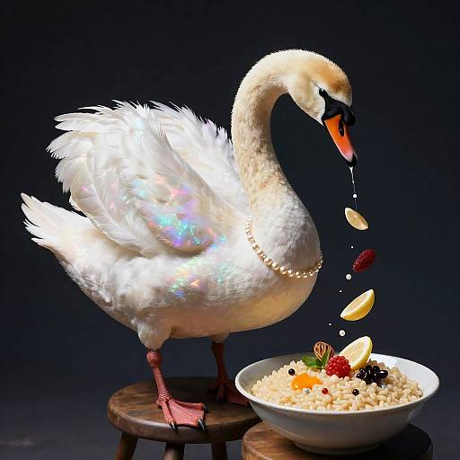 Surreal Iridescent Swan Pouring Ingredients into Celestial Risotto
