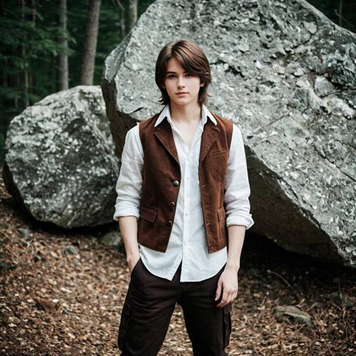 Young Man in Rustic Outfit by Rocks