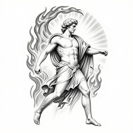 Black-and-white line drawing of a muscular, classical male figure with curly hair, draped in a flowing cloth, surrounded by swirling flames. He stands in