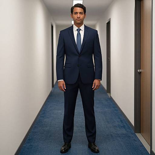 Photograph of a serious, dark-skinned man in a navy suit, white shirt, and black tie standing in a long, white-walled hallway