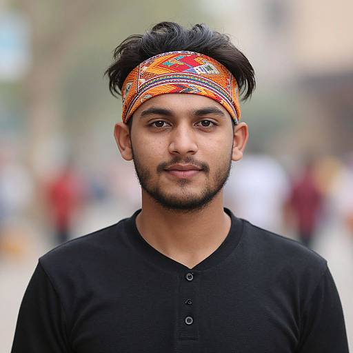 Photograph of a young South Asian man with medium brown skin, black hair, and beard, wearing an orange patterned headband and black button-up