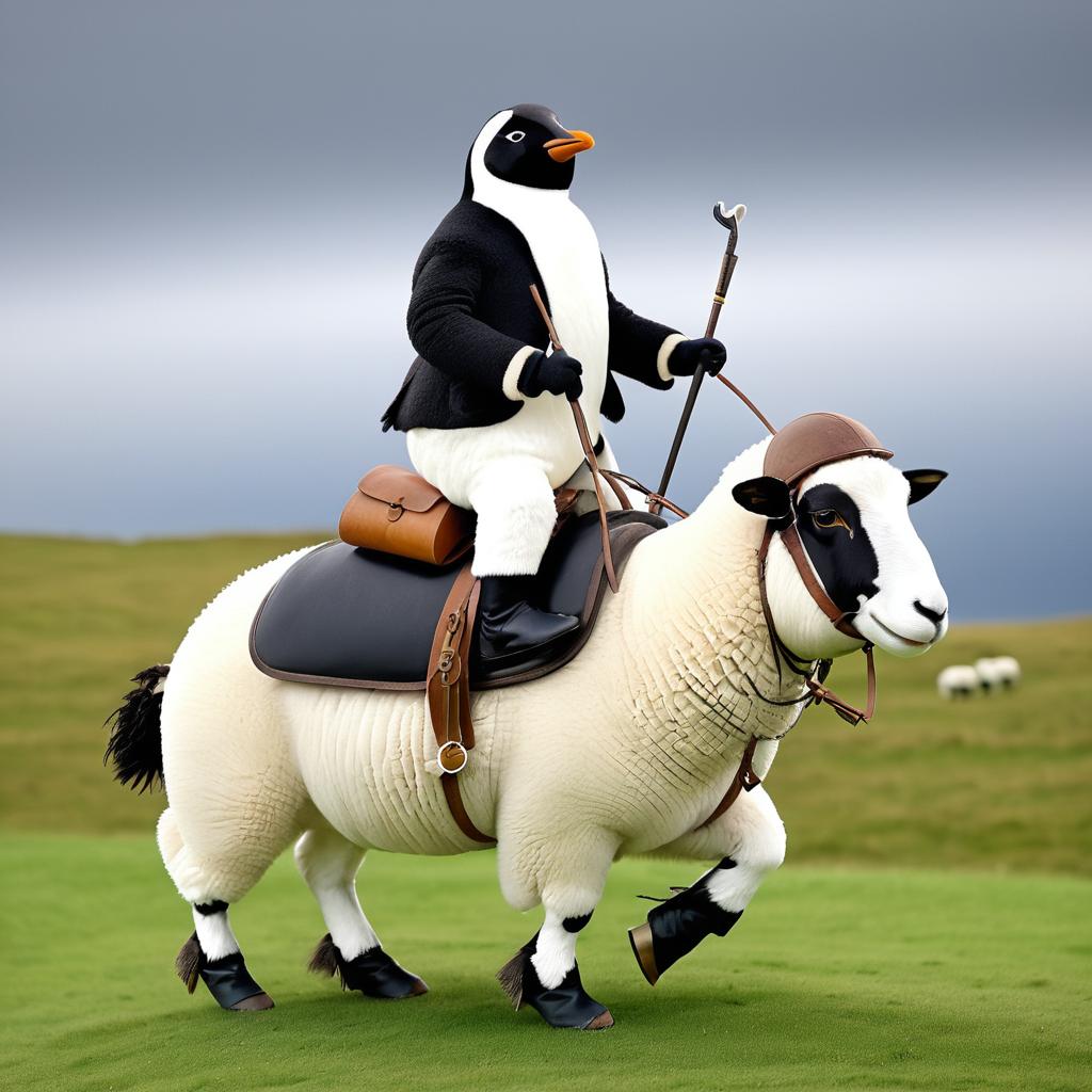 Humorous Penguin on a Sheep Adventure