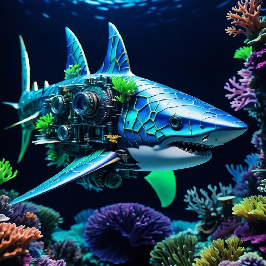 Mechanical Shark in Dark Ocean Depths