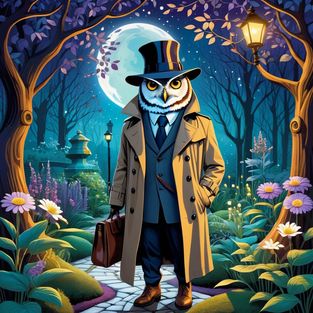 Whimsical Owl Detective in Twilight Garden