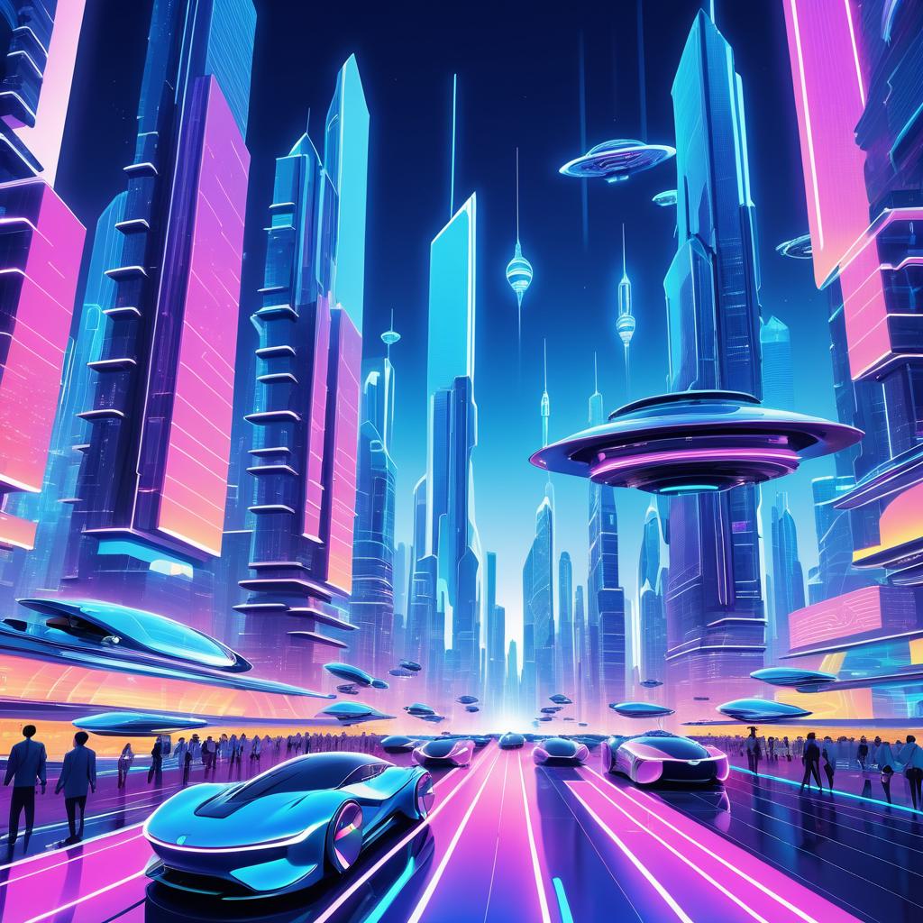 Futuristic City with Hovering Cars and Robots