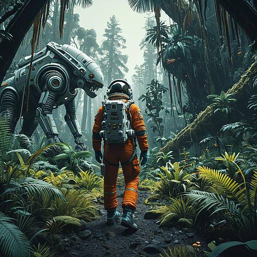 Astronaut Exploring Alien Jungle with Robot Creature