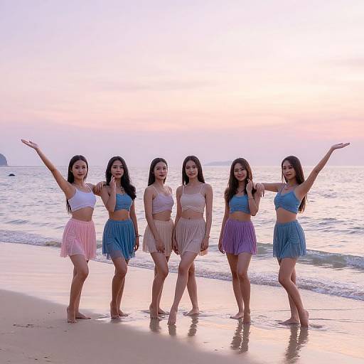 Photograph of five smiling young women standing on a beach at sunset, wearing colorful crop tops and skirts, arms raised joyfully. Pink, blue,