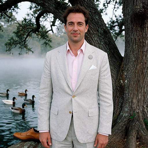 Photograph of a middle-aged man in a light gray suit, pink shirt, standing by a misty lake with ducks and trees.