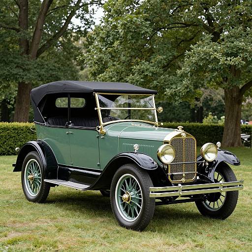 Photograph of a vintage, green and black classic car with gold accents, black soft-top roof, and white-walled tires parked on grass in a