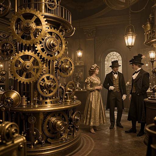 Steampunk photograph: Elegant Victorian woman in gold dress and top hat stands beside two men in black attire, in front of a large, intricate brass