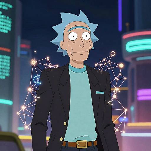 Digital cartoon of a nervous, blue-haired man in a black suit, light blue shirt, surrounded by glowing star-like patterns in a neon-lit city